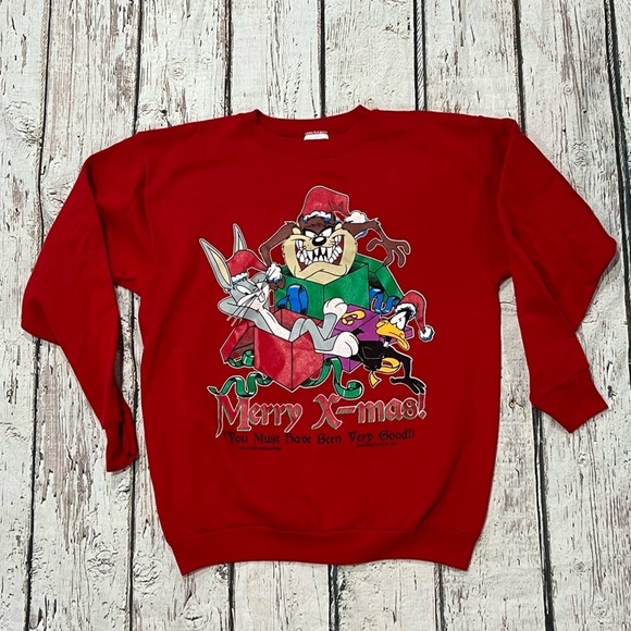 Vintage 90s Tasmanian Devil Cartoon Ugly Christmas 1990s Cartoon Sweatshirt - Picture 1 of 5